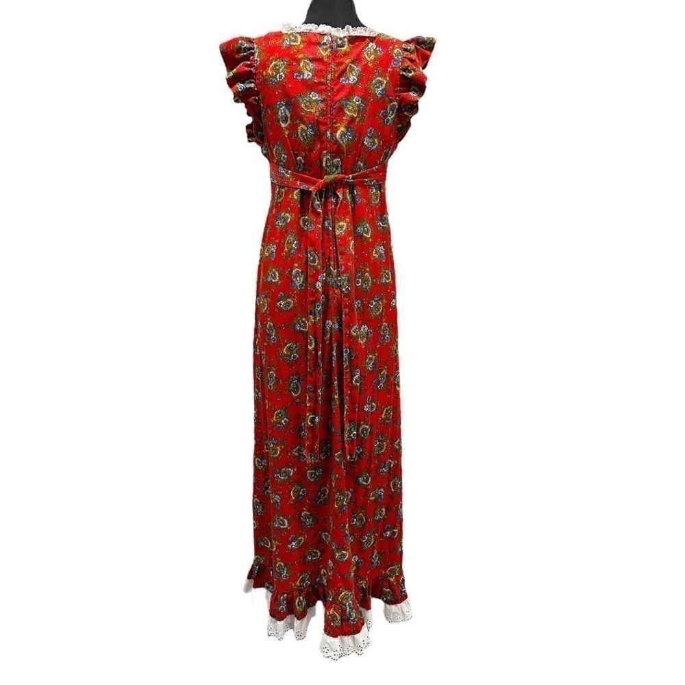 Vintage 1970s Handmade Floral Lace Prairie Maxi Dress Red Ruffle Sleeve Sz S - Picture 7 of 13